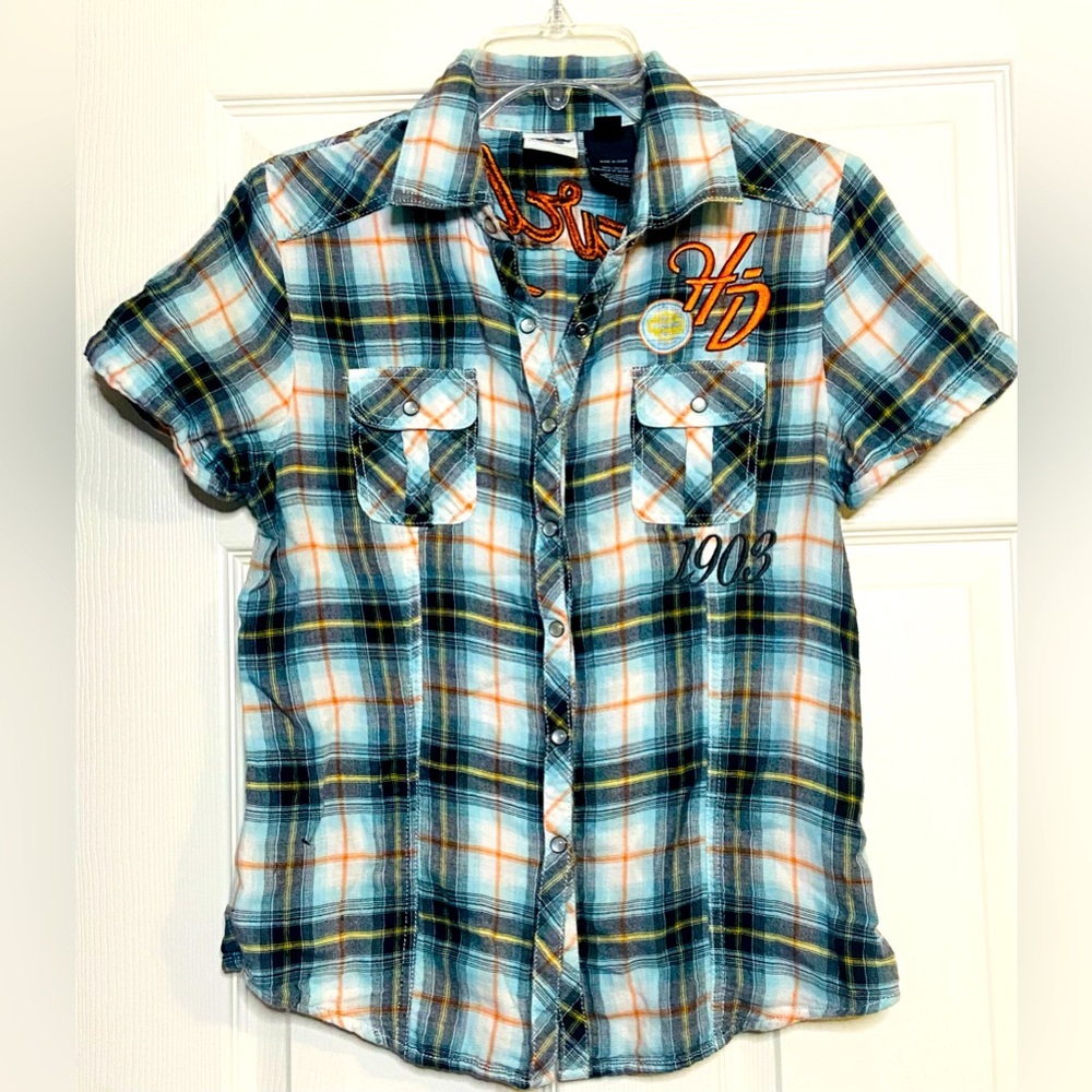 Harley Davidson Shirt Plaid Women's Snap Front Top W Embroidery & Roll Cuff Sz M